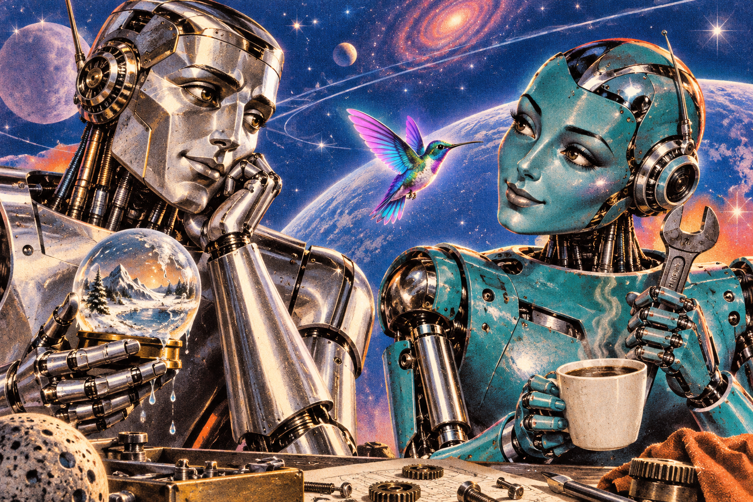 Zwei Roboter am Arbeitstisch, zwischen ihnen ein schillernder Kolibri
